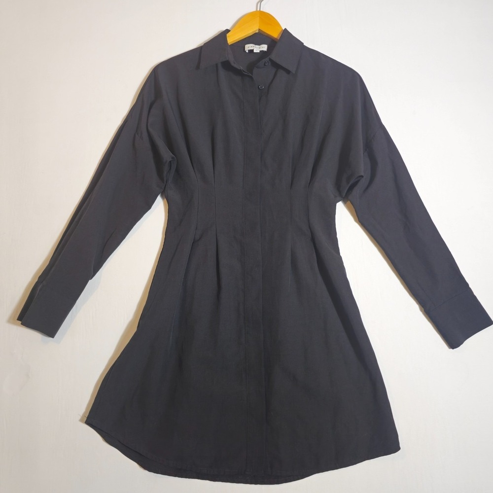 Gianni Bini Shirt Dress Womens 0 Black Curved Hem Pleated Long Sleeve Button Up